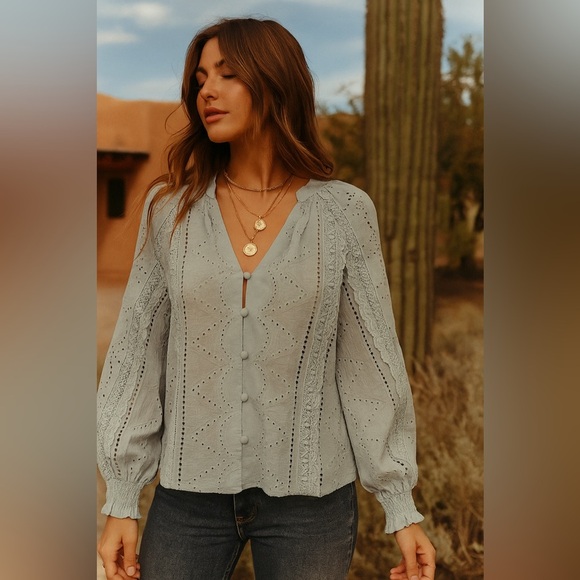 ADIVA | Light Blue Eyelet Cotton Button-Up Blouse - Picture 1 of 16